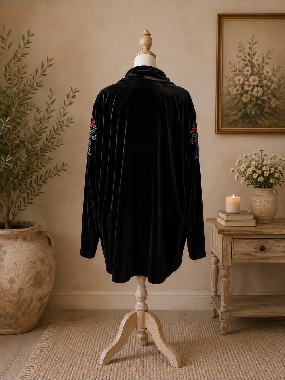 Bob Mackie Wearable Art Velour Zip Jacket 2X Black Embroidered Art To Wear Jewel - Picture 7 of 9